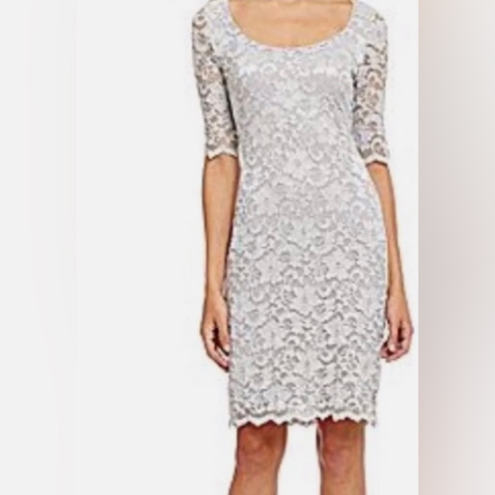 Belle Badgley Mischka Dress. Champagne Stretch Gray Lace Scoop-Neck, Body-Lined